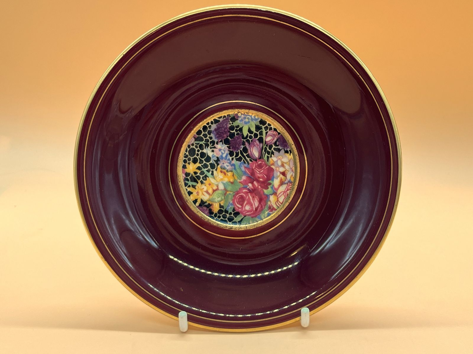 Royal Winton Pottery Hazel Chintz Best Gold Footed Wide Mouth Tea Cup & Saucer Duo. C1930's. photo furniture
