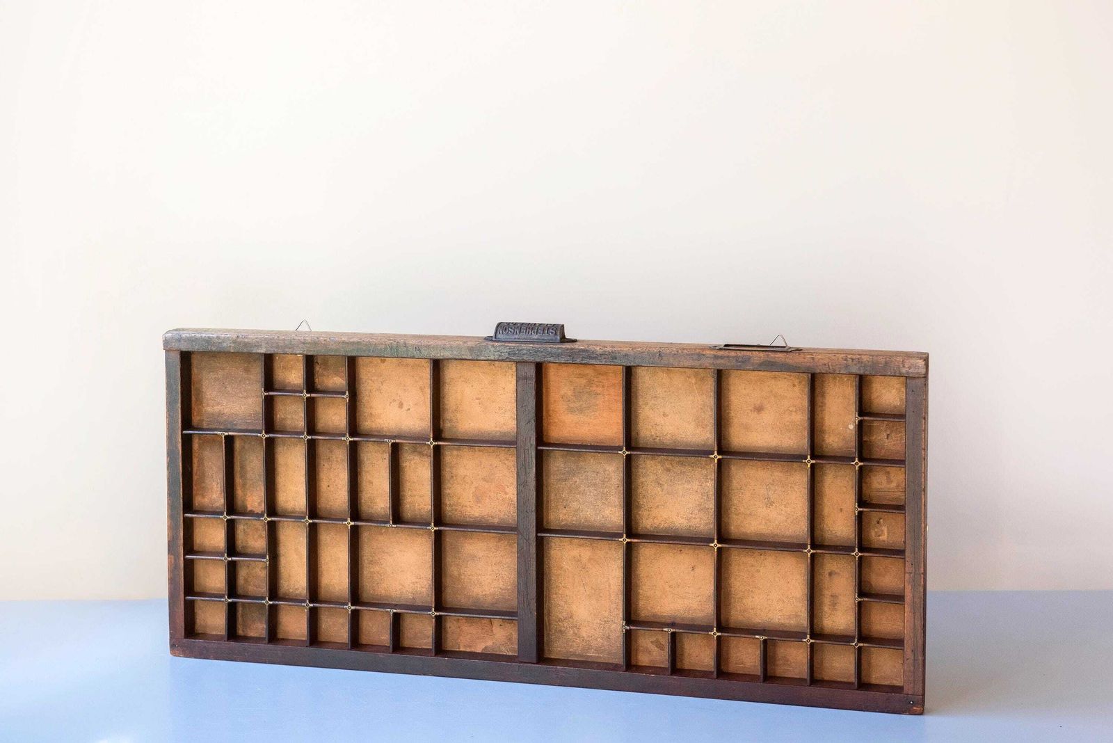 photo for sale Antique English Stephenson Blake & Co Letterpress Printer’s Tray – Wooden Type Case With Brass Corners – Wall Display Shelf