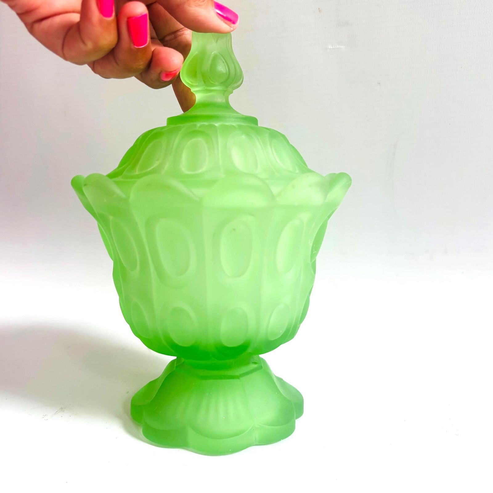 Vintage Green Satin Uranium Glass Candy Dish, Indiana Glass King's Crown Lidded Compote 20cm