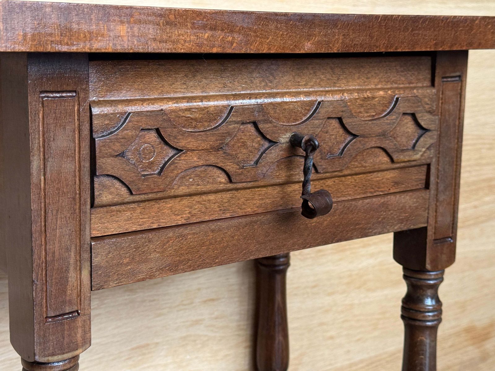 Pair Of Antique Spanish Bedside Tables In Solid Walnut With Hand Carved Drawer Fronts photo buy