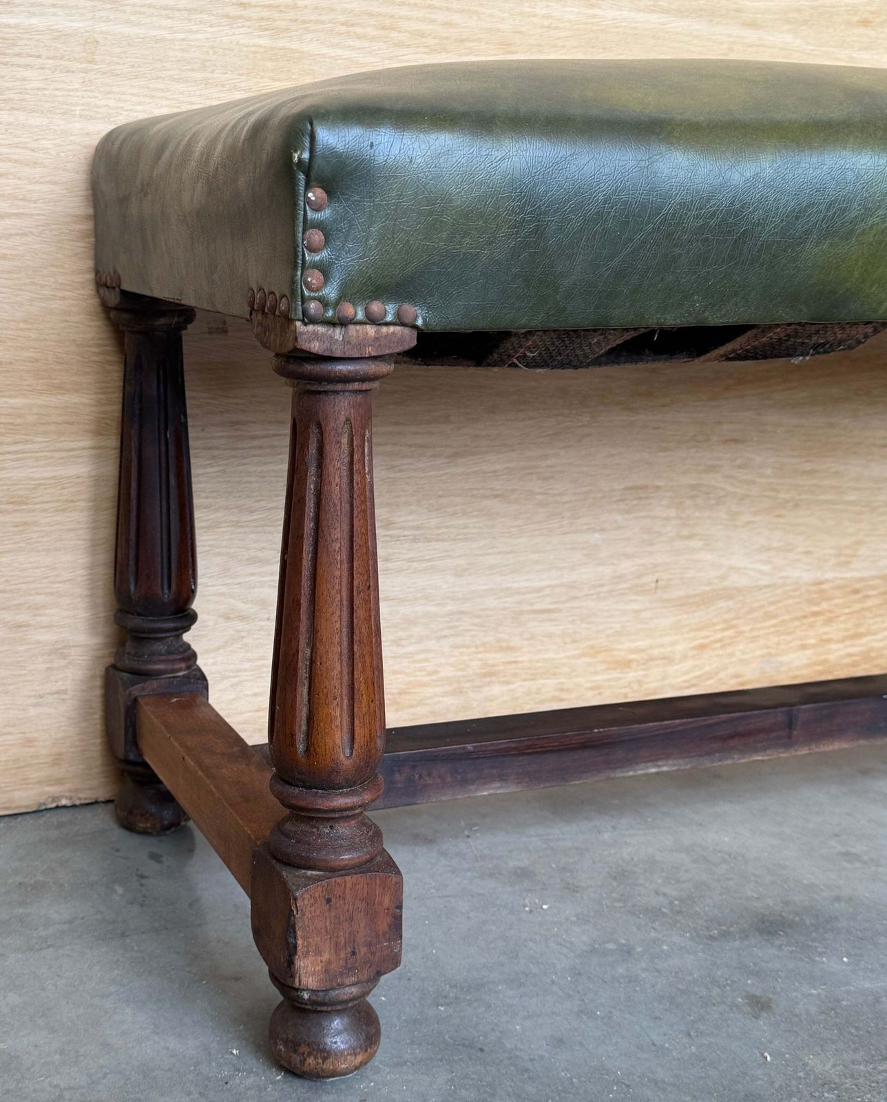 Pair Of Antique Spanish Walnut Stools Upholstered With Green Leather Seats photo vintage