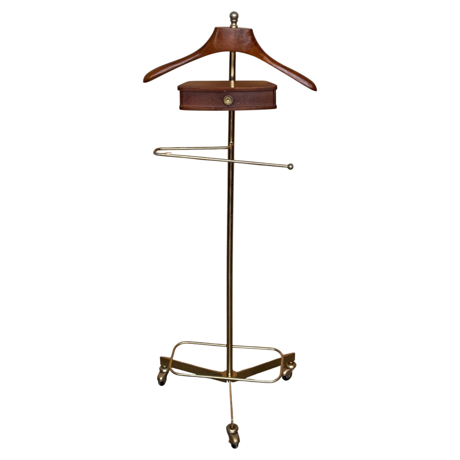 Valet de chambre vintage en laiton et noyer avec tiroir et porte-pantalon