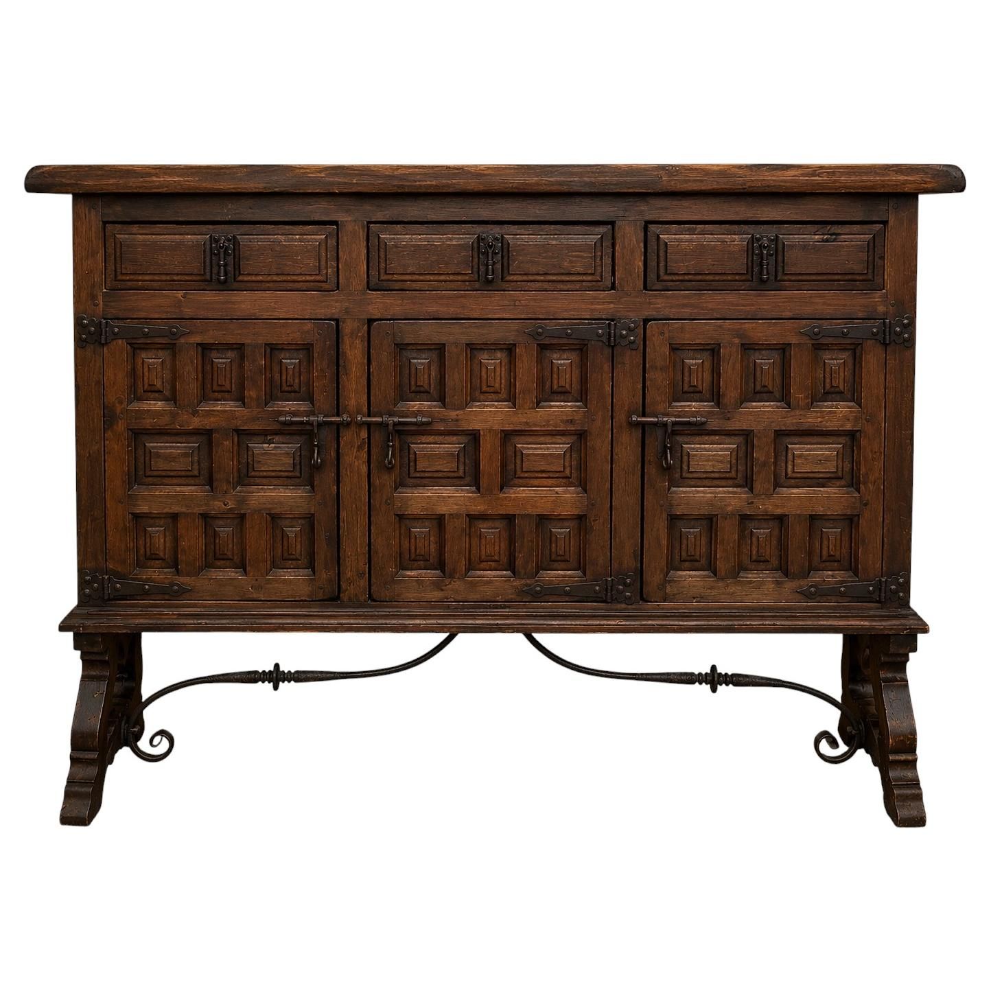 Antique Spanish Rustic Sideboard Made Of Solid Wood With Hand Forged Iron Fittings
