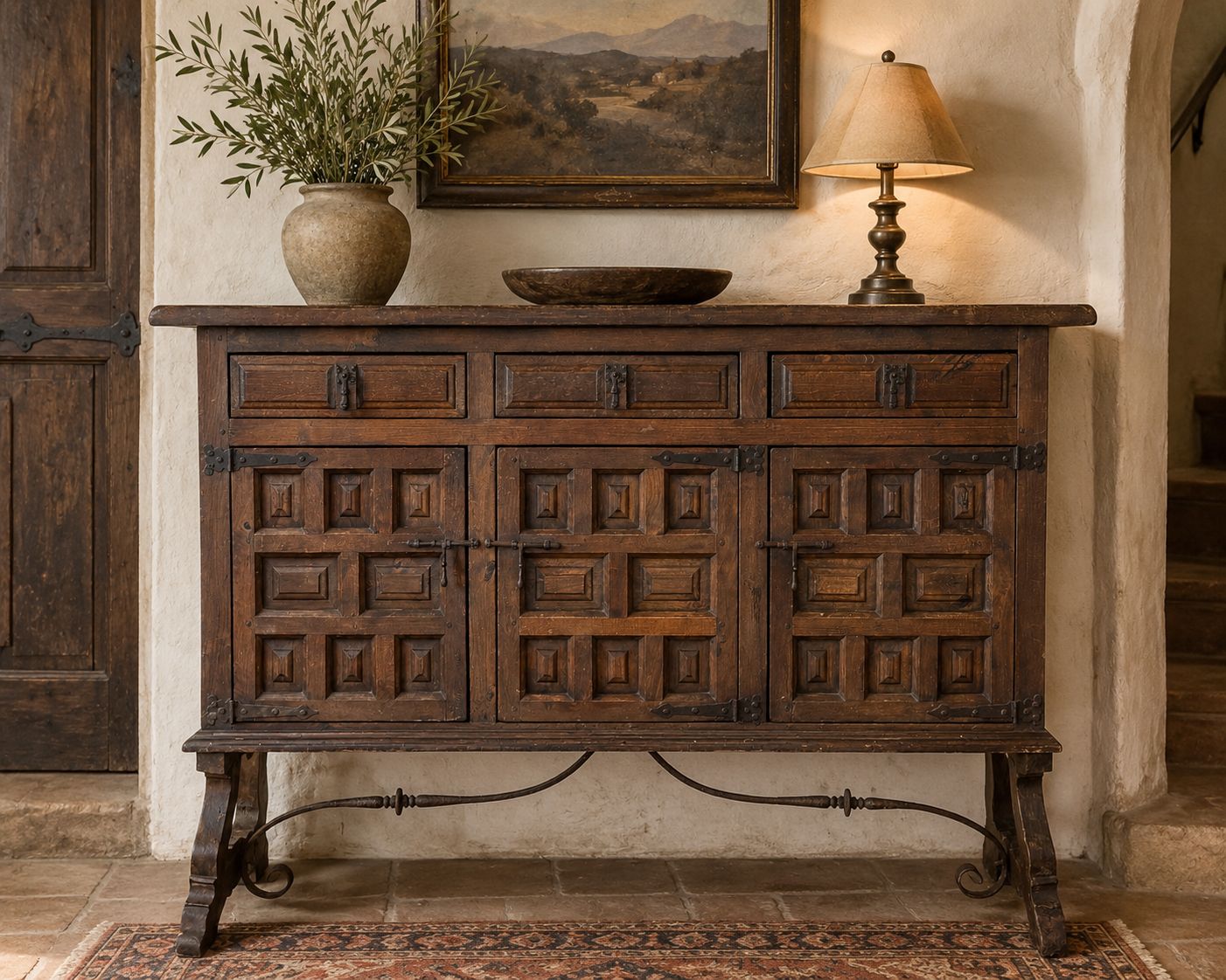 Antique Spanish Rustic Sideboard Made Of Solid Wood With Hand Forged Iron Fittings photo furniture