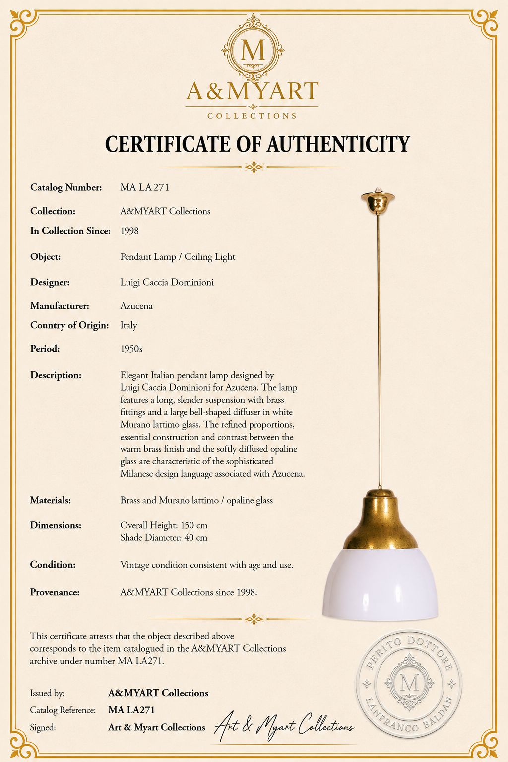 Italiaanse messing hanglamp met Murano lattimo glas, Luigi Caccia Dominioni voor Azucena photo furniture