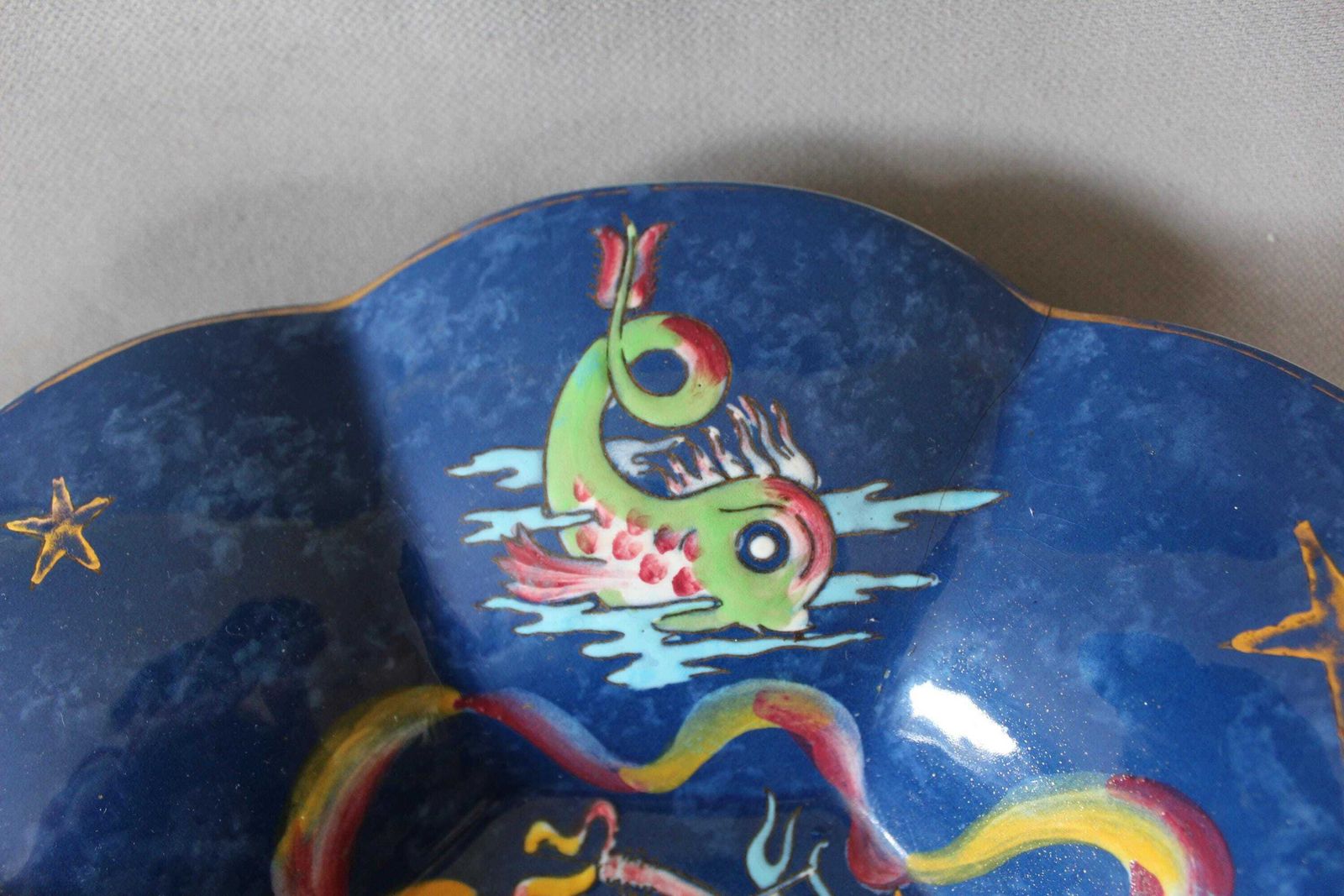 Large Art Deco R Chevalier, Boch Freres Keramis Ceramic Bowl, Centerpiece Belgium, Catteau 1930s, Mermaid Sea Creature, Sea Horse, Boat photo buy
