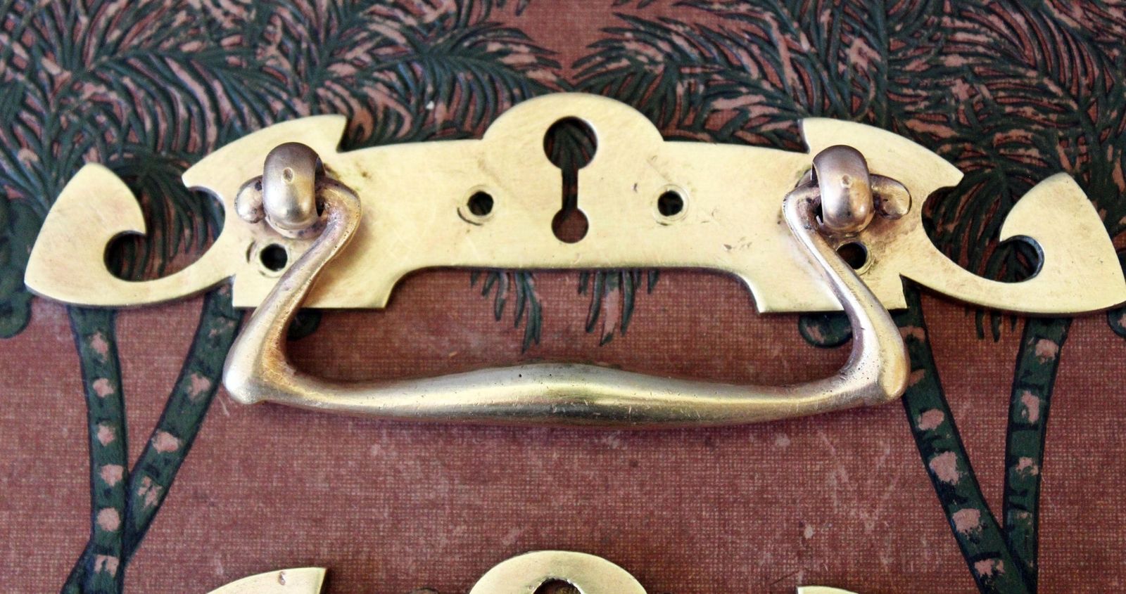 Set Of 2 Art Nouveau, Bauhaus, Jugendstil Heavy Bronze Drawer Pull And Escutcheon Keyhole Cover, Movable Handle, Hardware Furniture photo for sale
