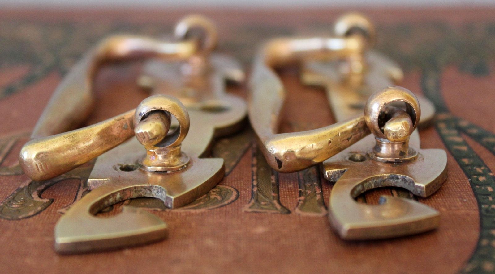photo for sale Set Of 2 Art Nouveau, Bauhaus, Jugendstil Heavy Bronze Drawer Pull And Escutcheon Keyhole Cover, Movable Handle, Hardware Furniture