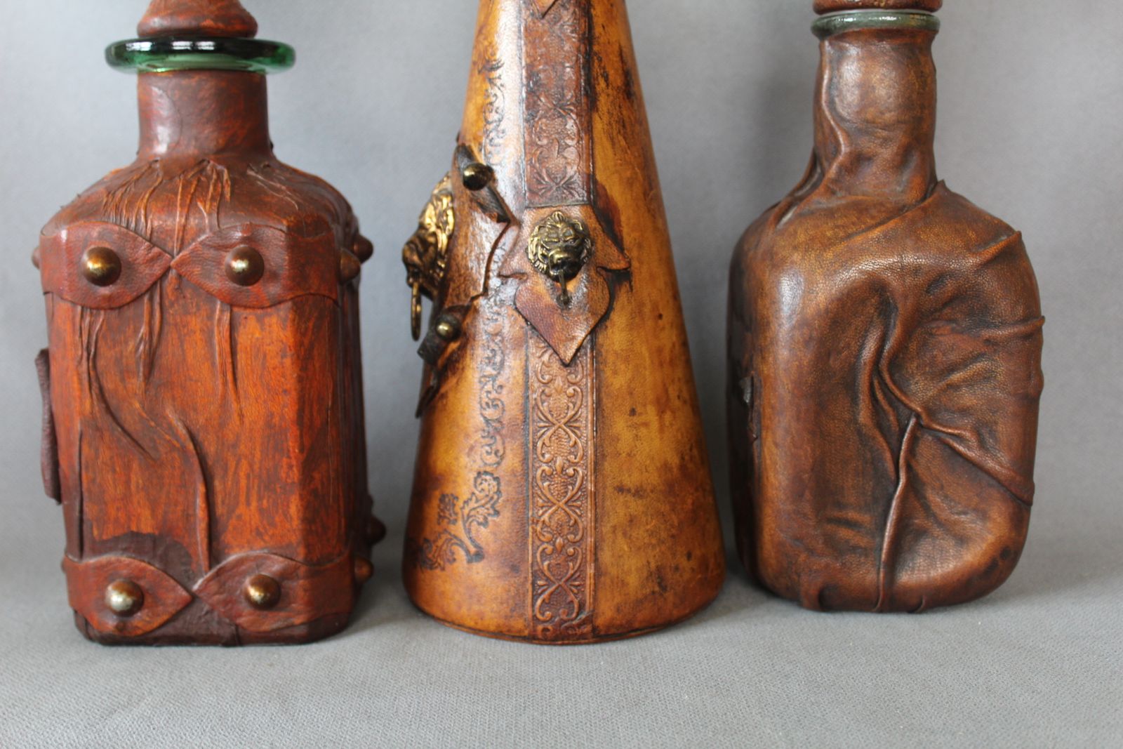 Set Of 3 Vintage Italian Leather Wrapped Glass Decanters, Italy Wrapped Bottle, Whisky Cognac, Lion Head, Hand Decorated, Hooks, Stopper photo buy