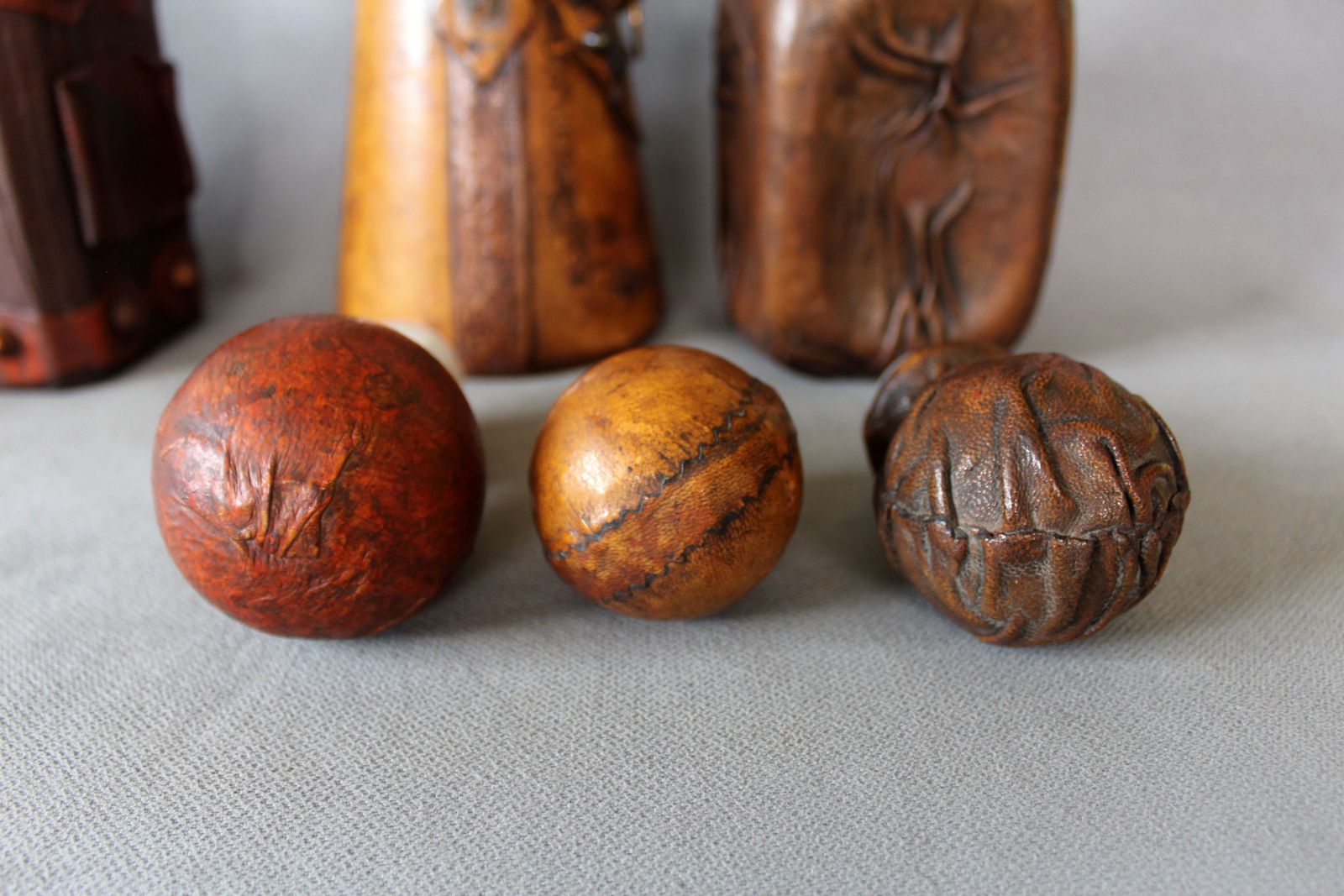Home Decor Set Of 3 Vintage Italian Leather Wrapped Glass Decanters, Italy Wrapped Bottle, Whisky Cognac, Lion Head, Hand Decorated, Hooks, Stopper photo
