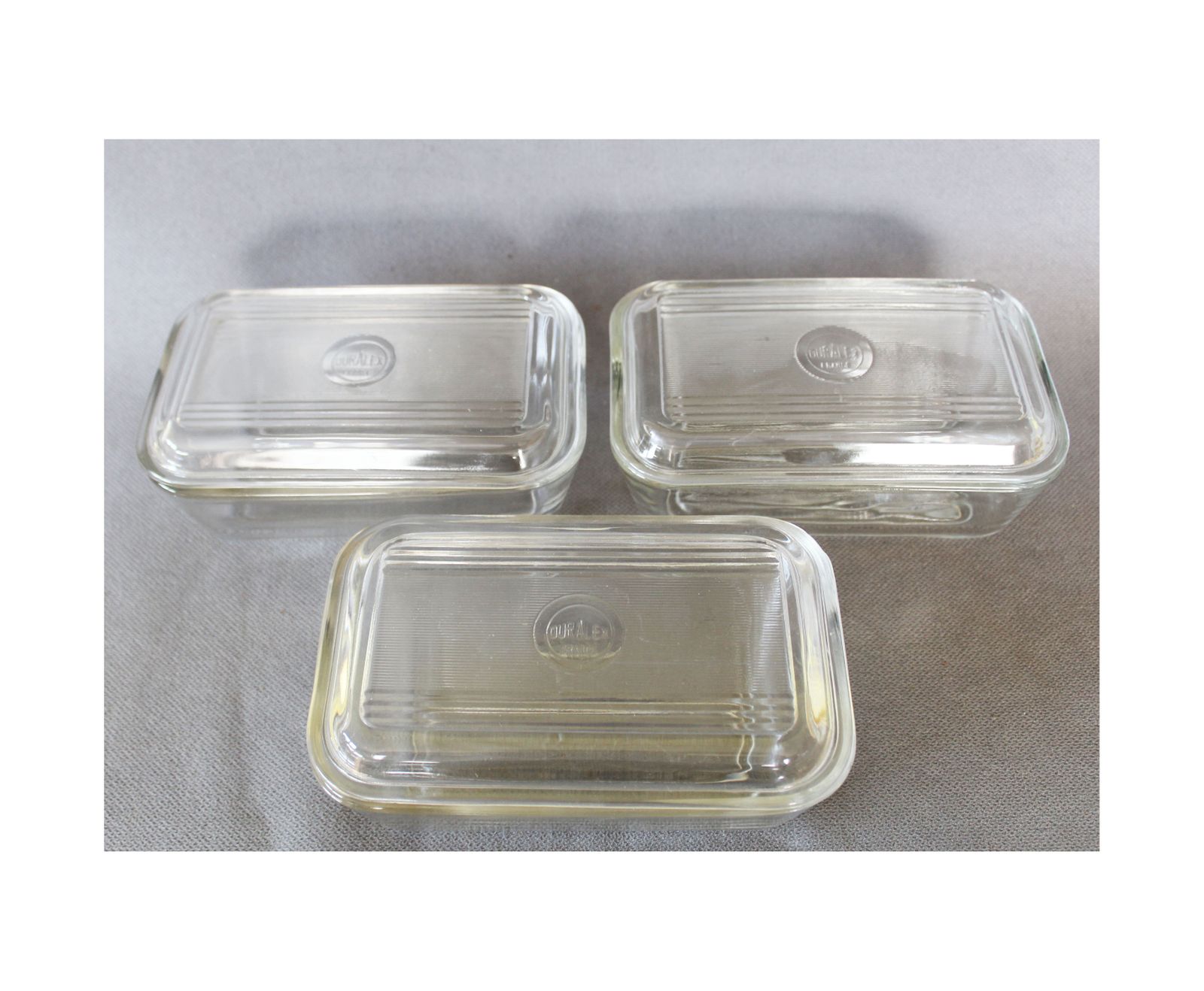 Set Of 3 Vintage Mid Century Retro French Duralex Glass Lidded Dish, Container, Butter Dish, Tempered Glass, Tableware, Kitchenware, France