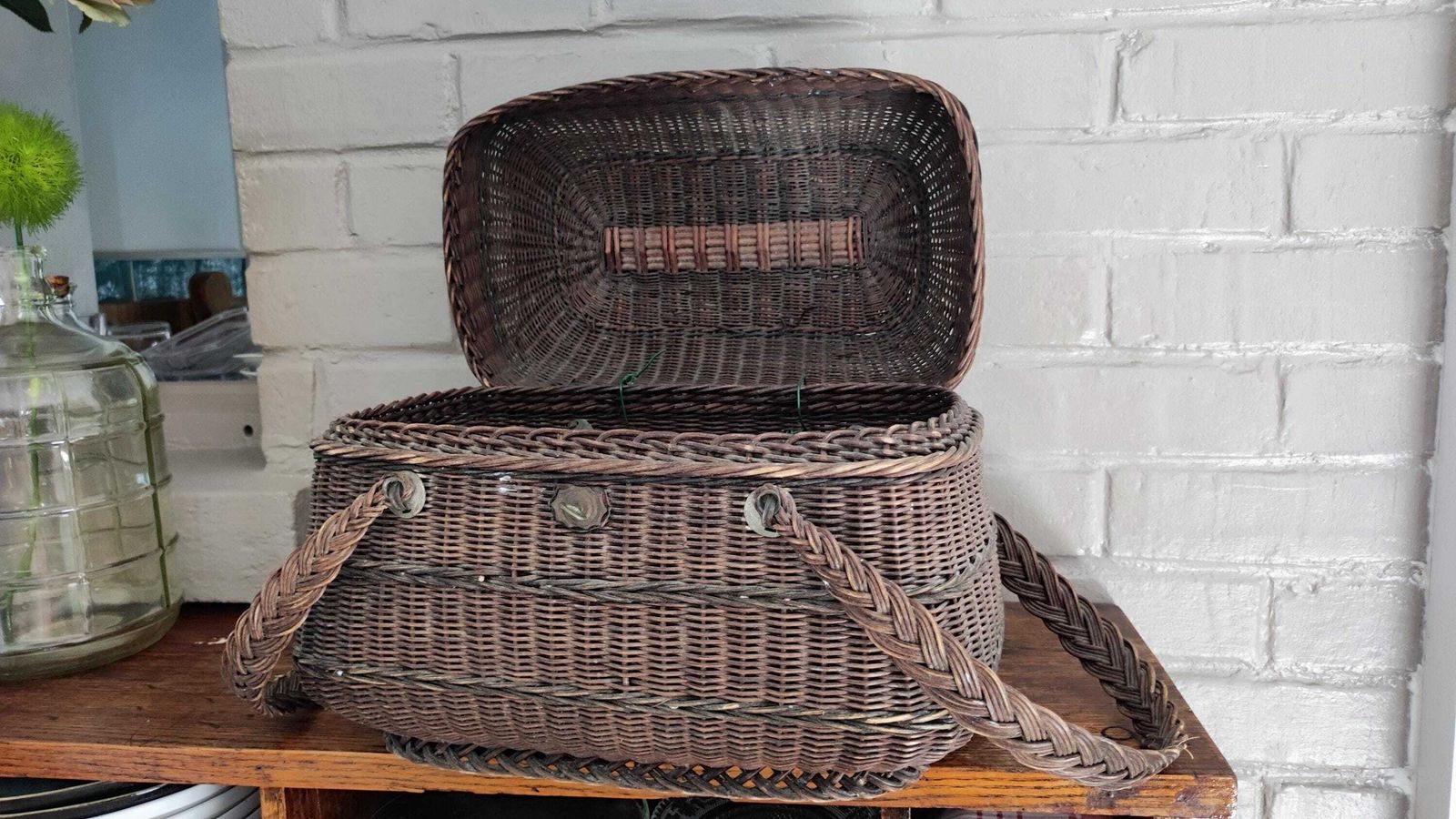 Antique French Dark Wicker Woven Farm Basket With Handles photo for sale