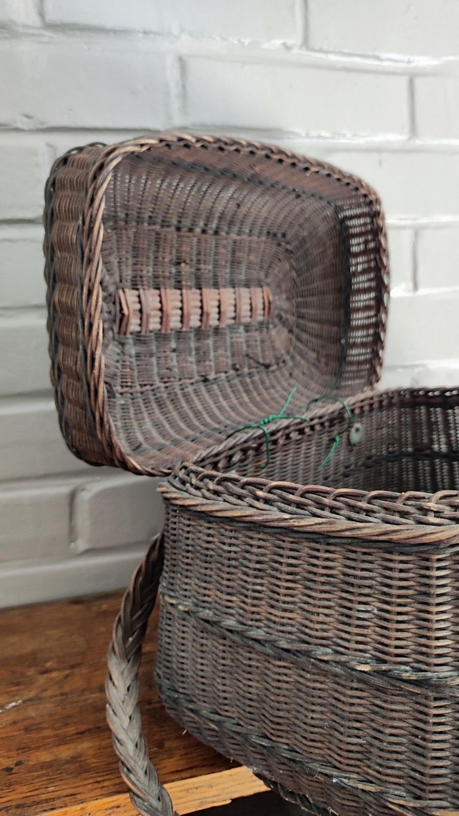 Antique French Dark Wicker Woven Farm Basket With Handles photo Home Decor