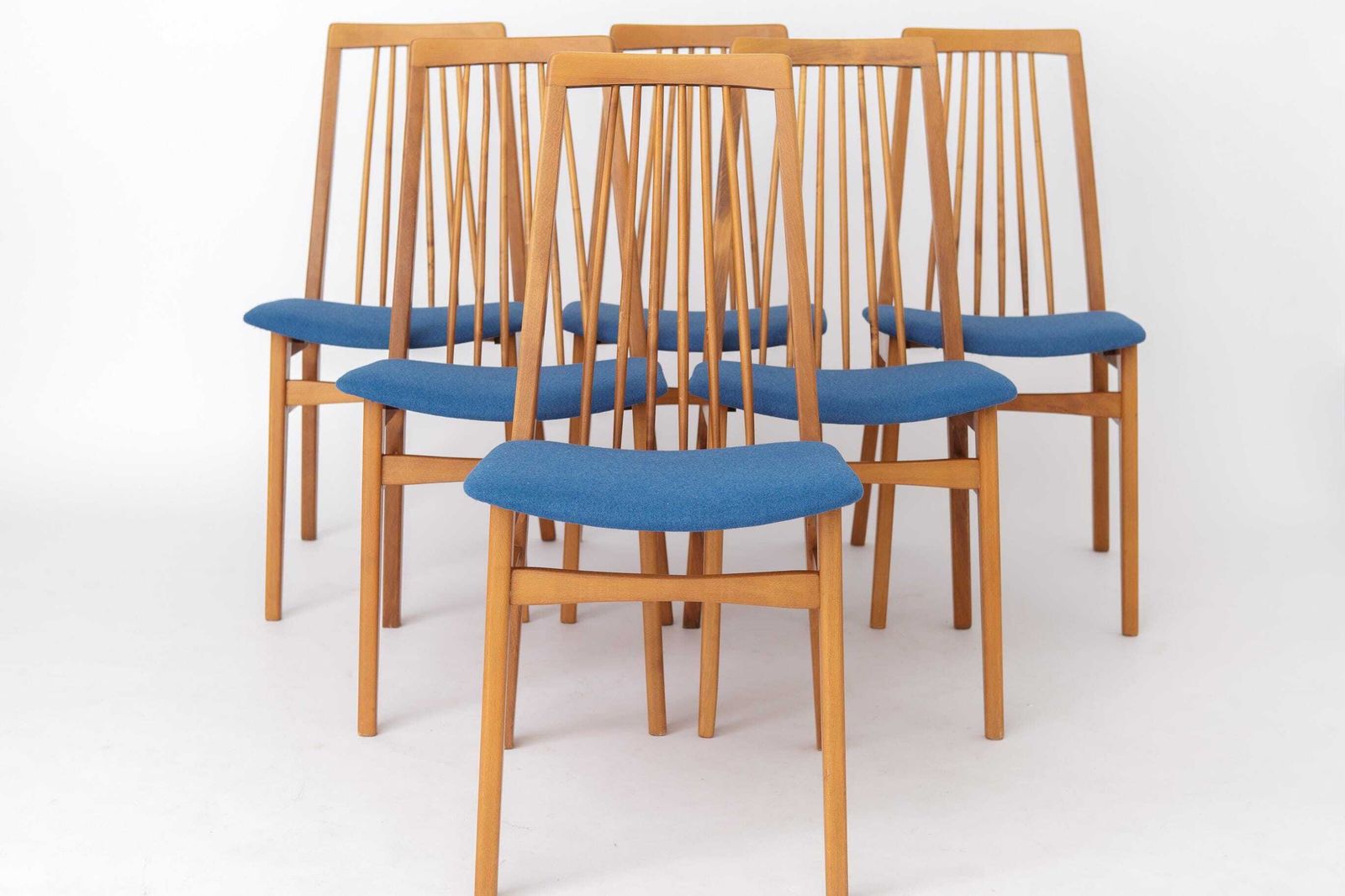 Set van 6 Duitse eetkamerstoelen, jaren 1960 | Massief beuken mid-century stoelen | Opnieuw bekleed