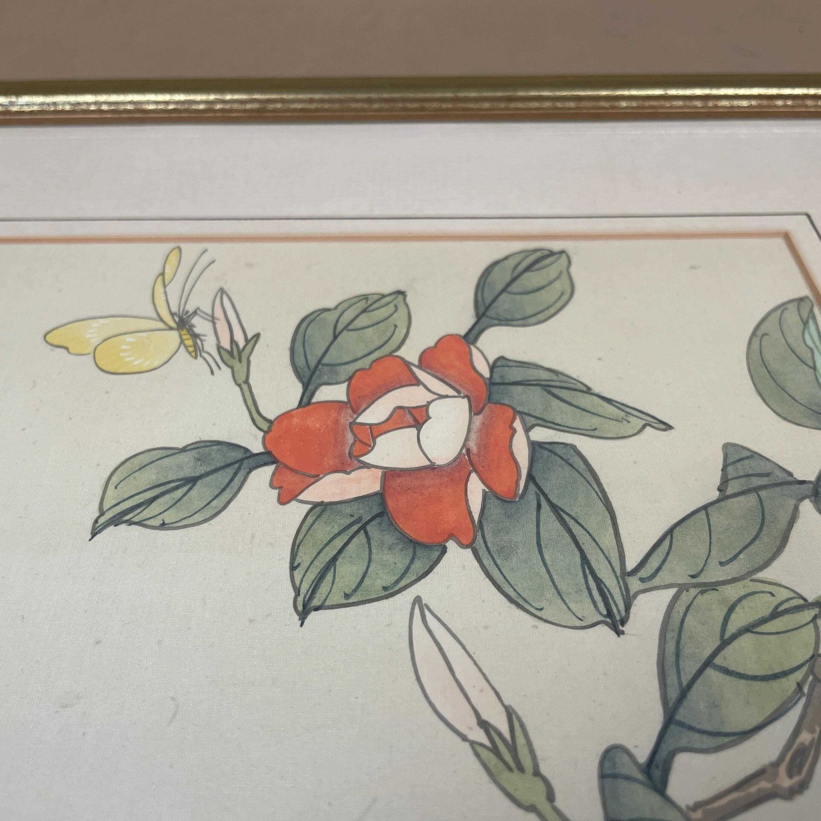 Oriental Picture Flowers Butterfly, Vintage Hand Painted Silk Art, Chinese Camellia Botanical Painting, Gold Wood Frame, Asian Wall Art photo furniture