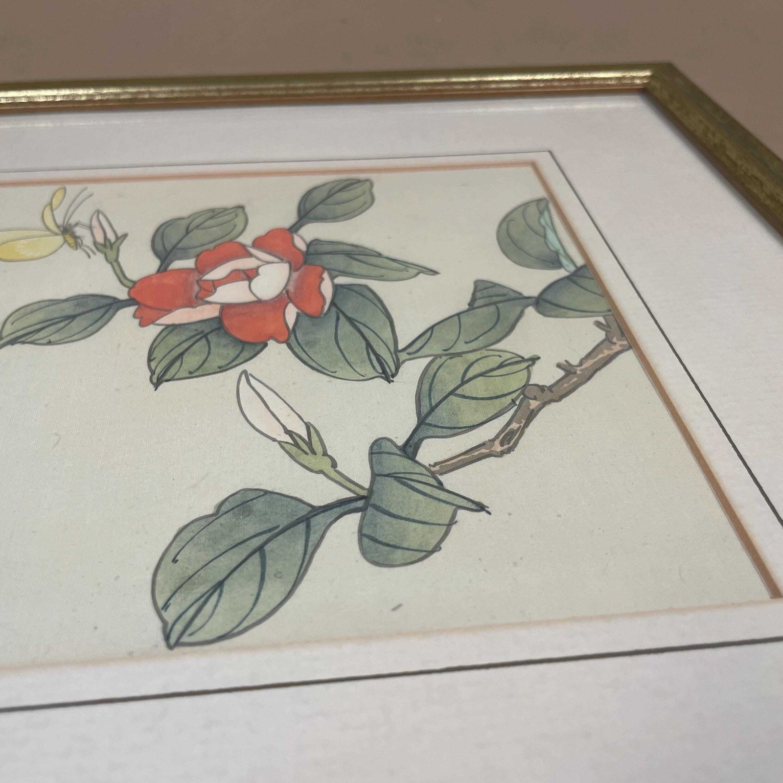 Oriental Picture Flowers Butterfly, Vintage Hand Painted Silk Art, Chinese Camellia Botanical Painting, Gold Wood Frame, Asian Wall Art photo Art