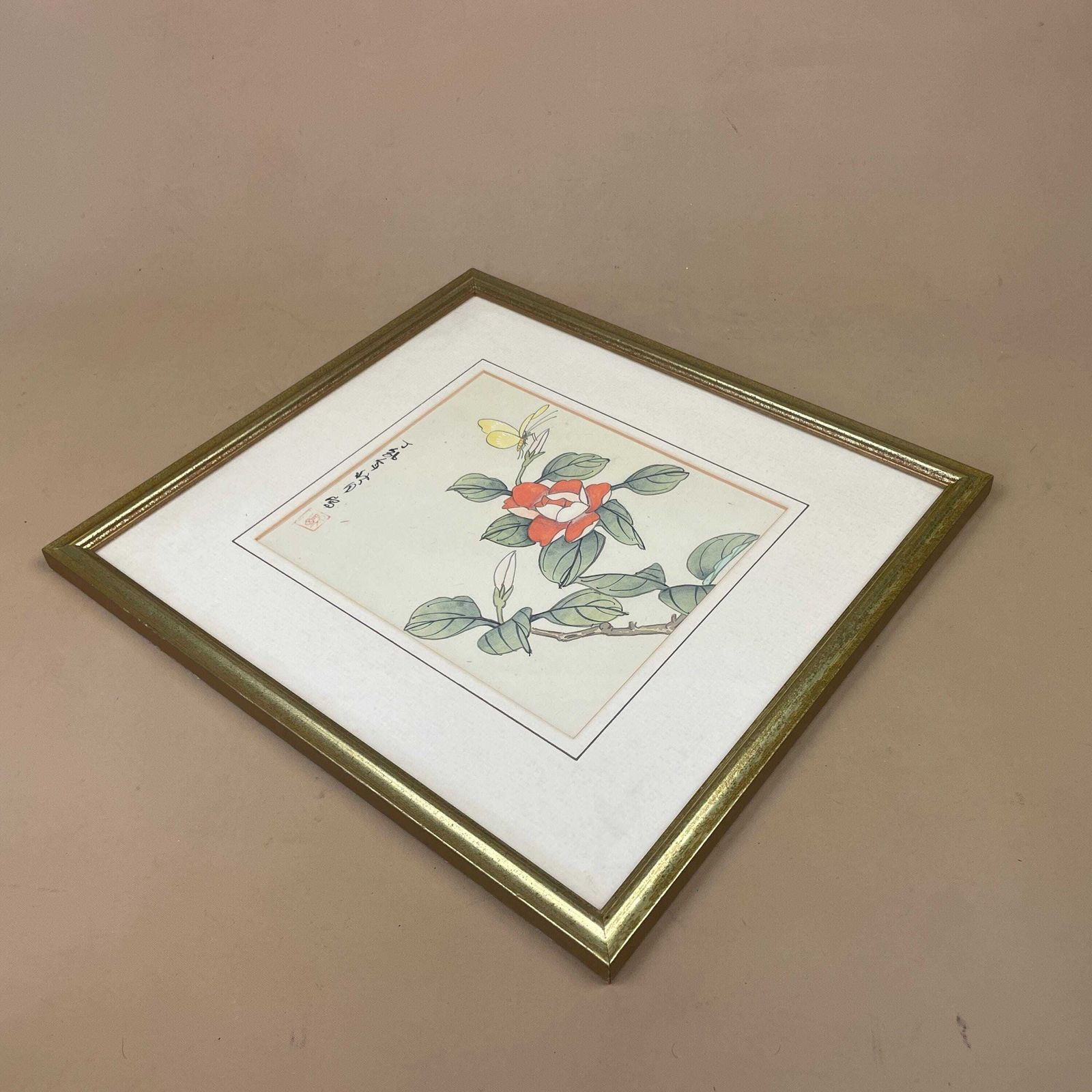 Oriental Picture Flowers Butterfly, Vintage Hand Painted Silk Art, Chinese Camellia Botanical Painting, Gold Wood Frame, Asian Wall Art photo buy