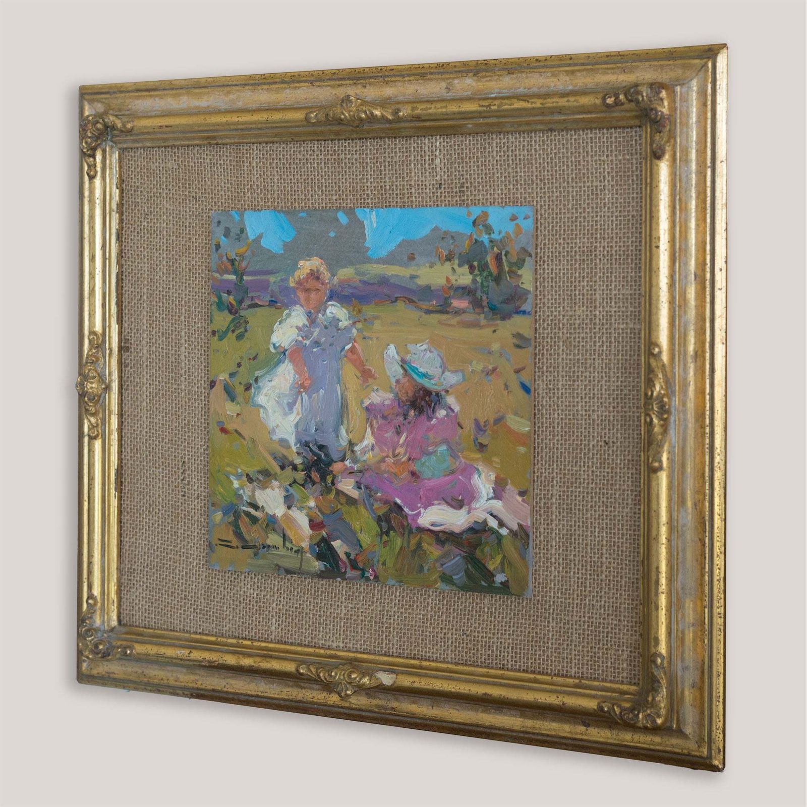 Twee impressionistische olieverfschilderijen op board, kust en landelijk landschap, gesigneerd (kunstenaar onbekend) photo for sale