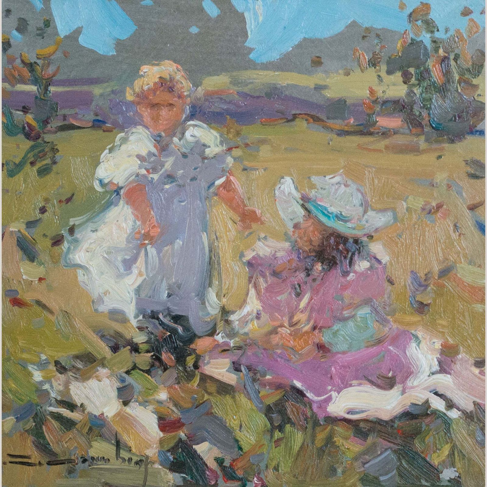 Twee impressionistische olieverfschilderijen op board, kust en landelijk landschap, gesigneerd (kunstenaar onbekend) photo Kunst