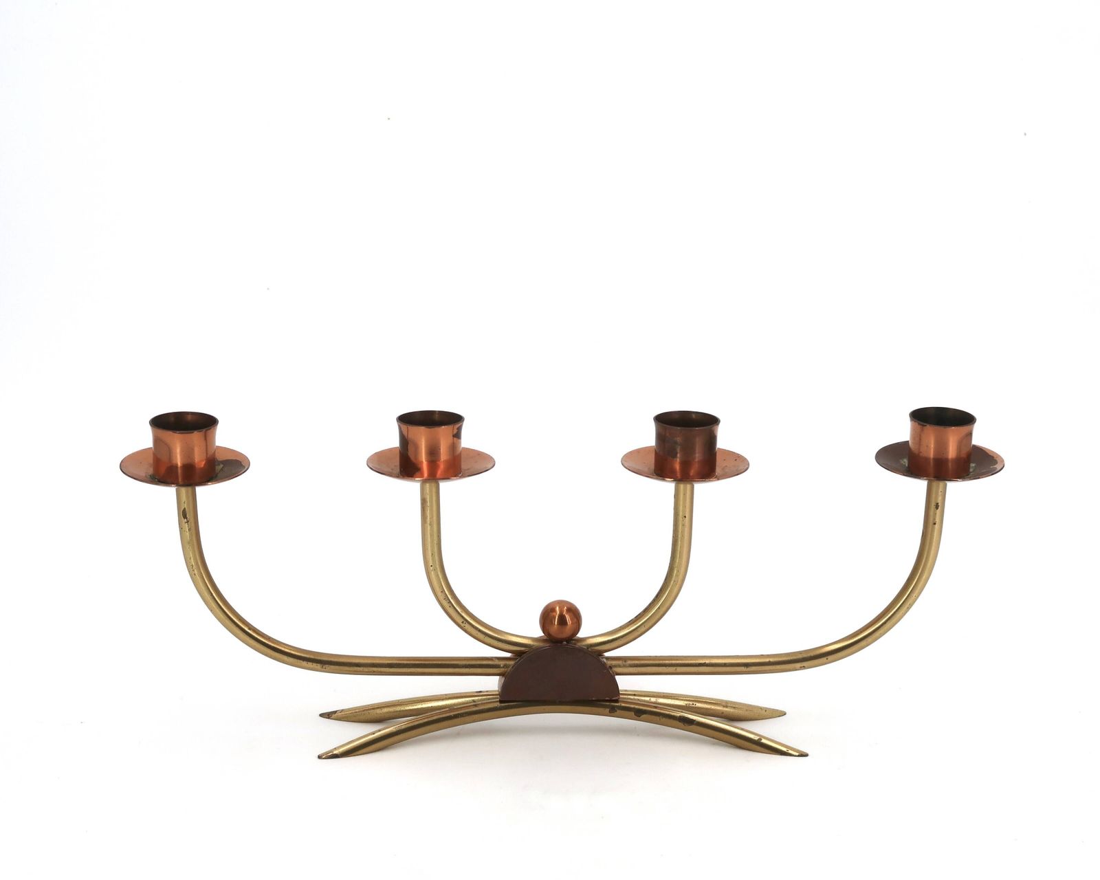 Chandelier scandinave à quatre branches en cuivre et laiton, années 1950