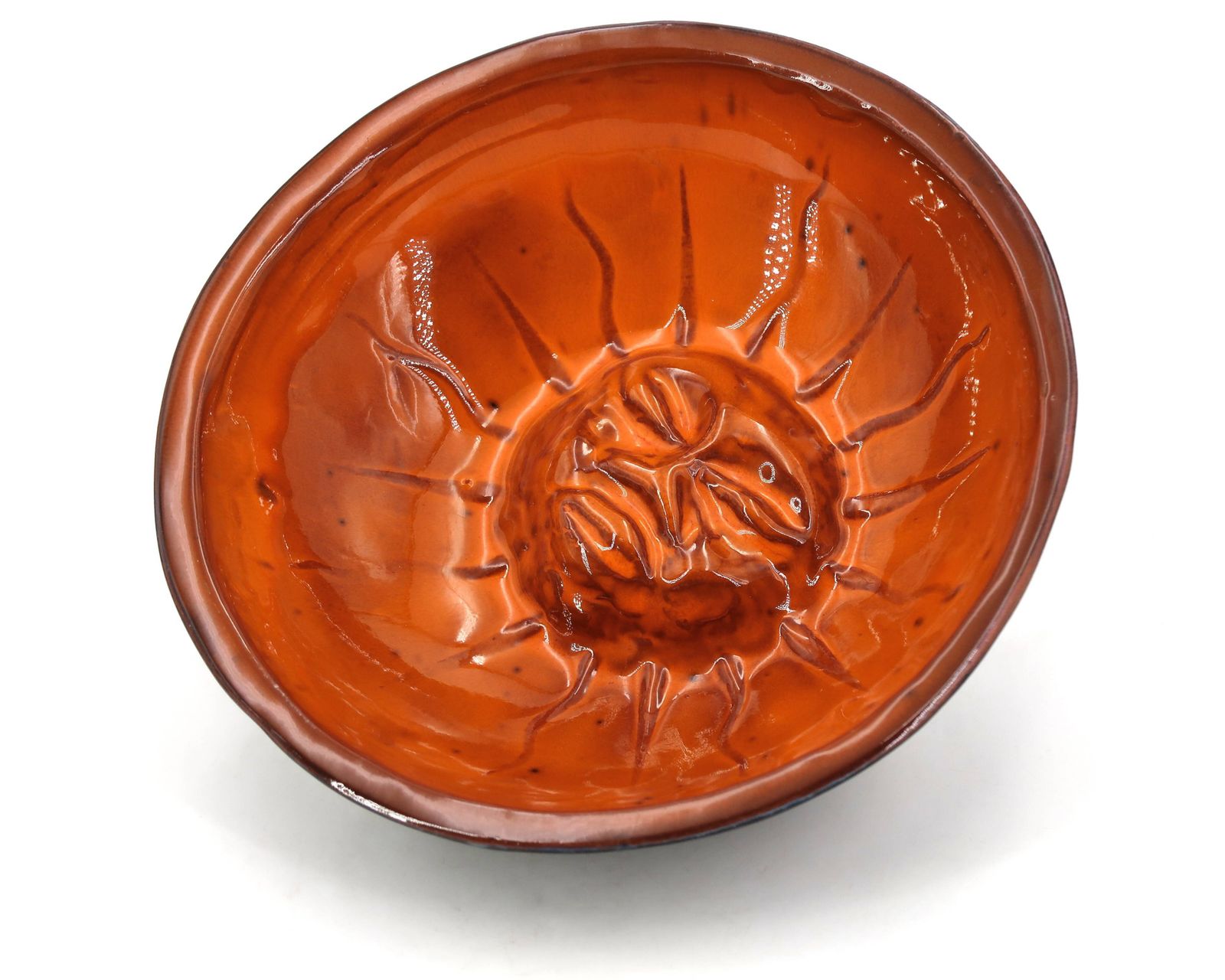 Vide-poche en céramique mexicaine orange et noir, motif soleil à visage, années 1970 photo furniture