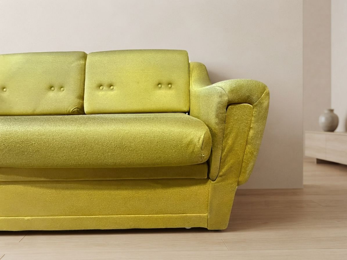 photo furniture Mid-Century Opvouwbare Slaapbank, Mosterd/Olijf Bekleding 3-zitter, Tsjechoslowakije, 208 × 100 × 65 cm