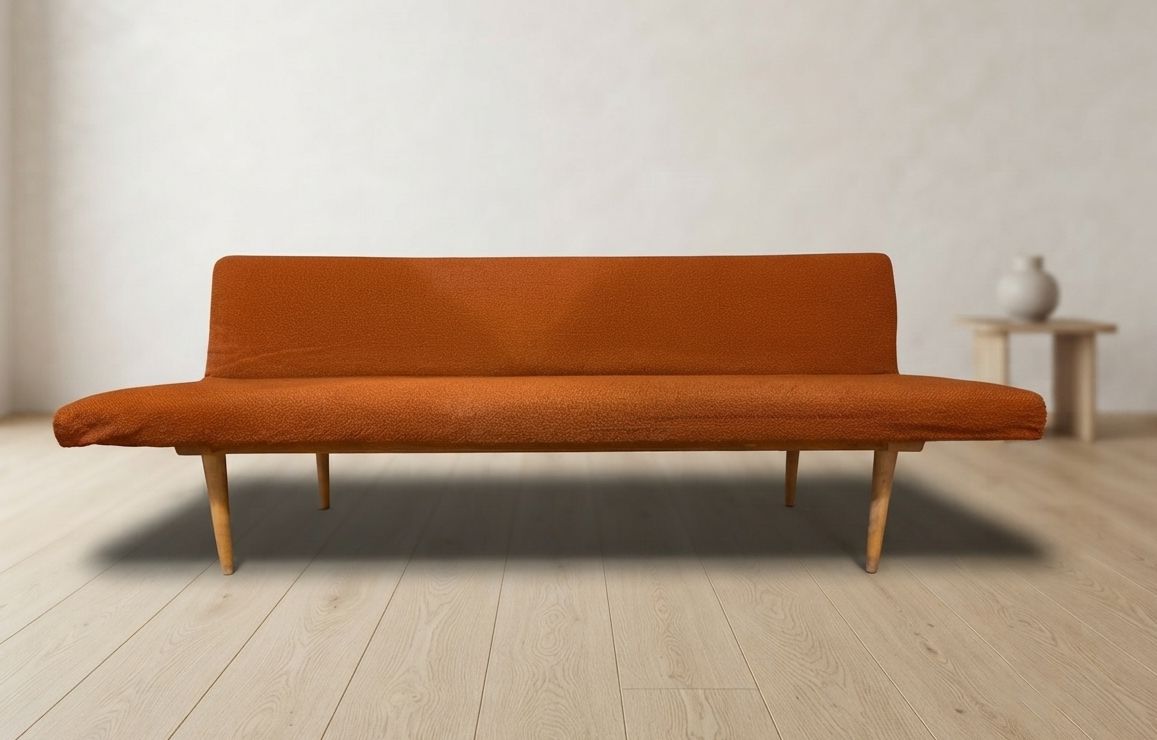 Mid-Century opvouwbare slaapbank van Miroslav Navrátil, oranje bekleding, jaren 1960, Tsjecho-Slowakije, 186 × 60 × 72 cm photo furniture