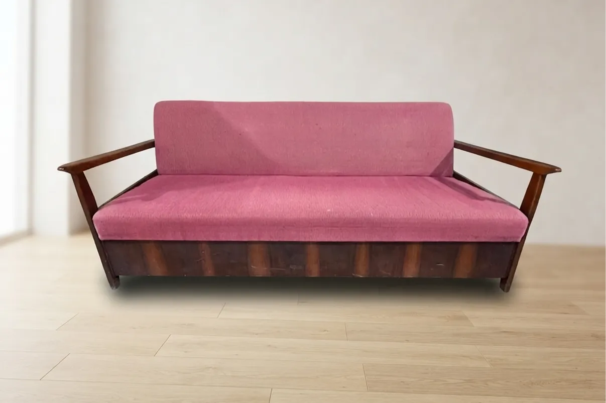Burgundy Folding Sofa Bed By Edmund Homa, Mid Century Modern, 1960s, Czechoslovakia, 200 × 88 × 80 Cm photo vintage