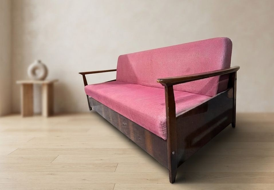 photo for sale Burgundy Folding Sofa Bed By Edmund Homa, Mid Century Modern, 1960s, Czechoslovakia, 200 × 88 × 80 Cm