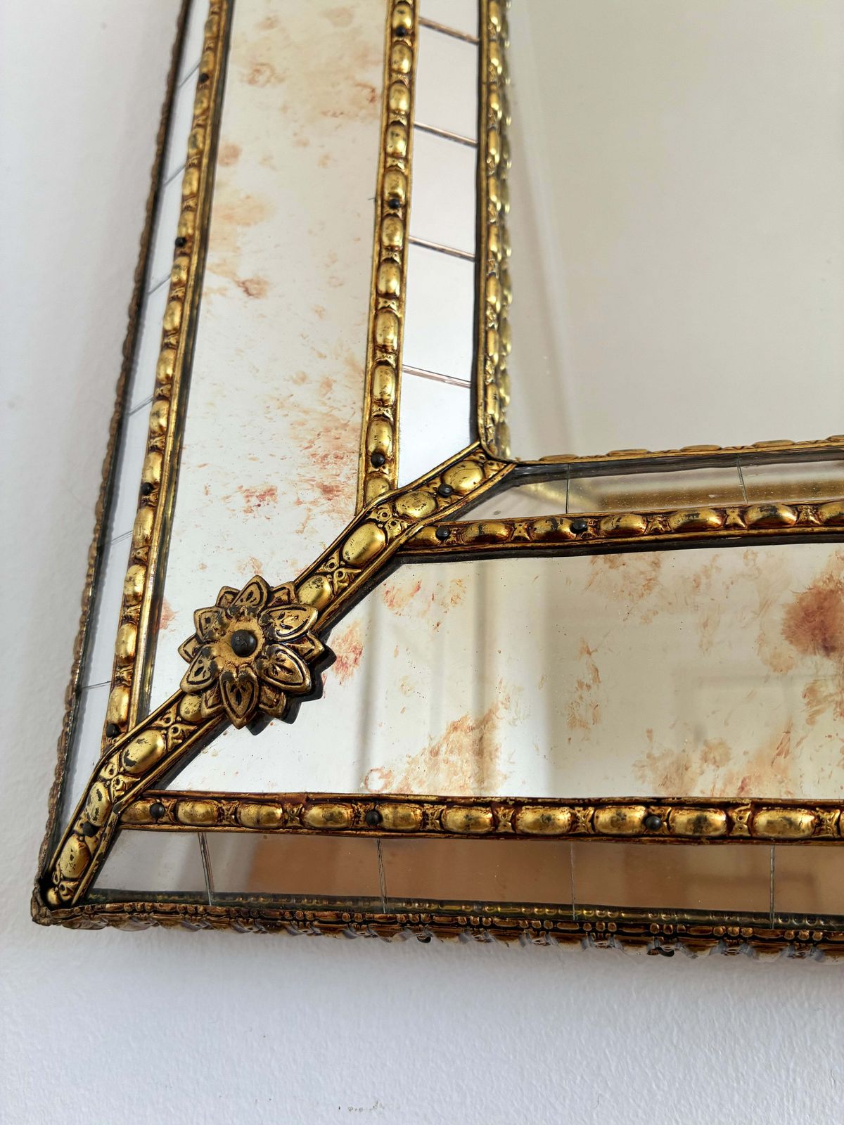 Vintage Spanish Venetian Style Wall Mirror, Rectangular, Brass, 1980s Hollywood Regency photo furniture