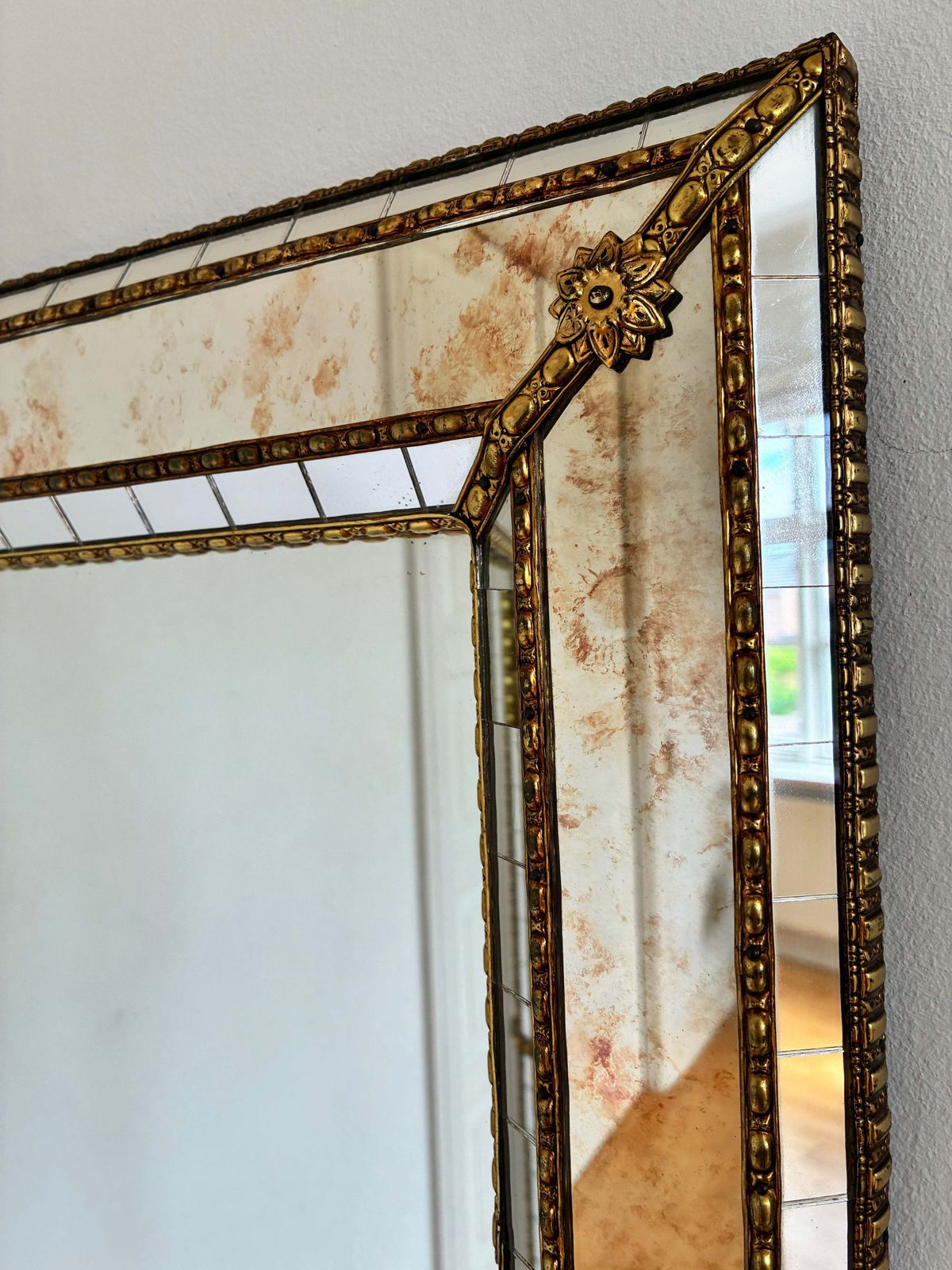 Vintage Spanish Venetian Style Wall Mirror, Rectangular, Brass, 1980s Hollywood Regency photo for sale