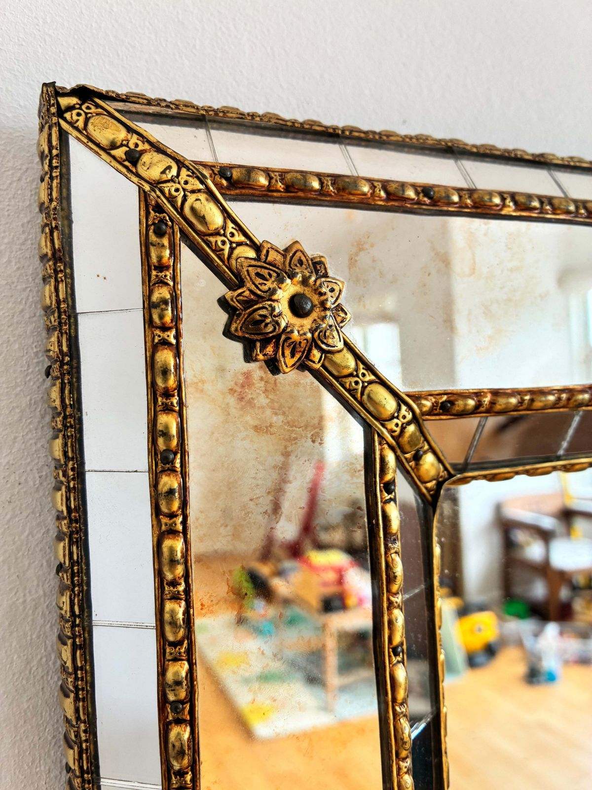 Vintage Spanish Venetian Style Wall Mirror, Rectangular, Brass, 1980s Hollywood Regency photo vintage