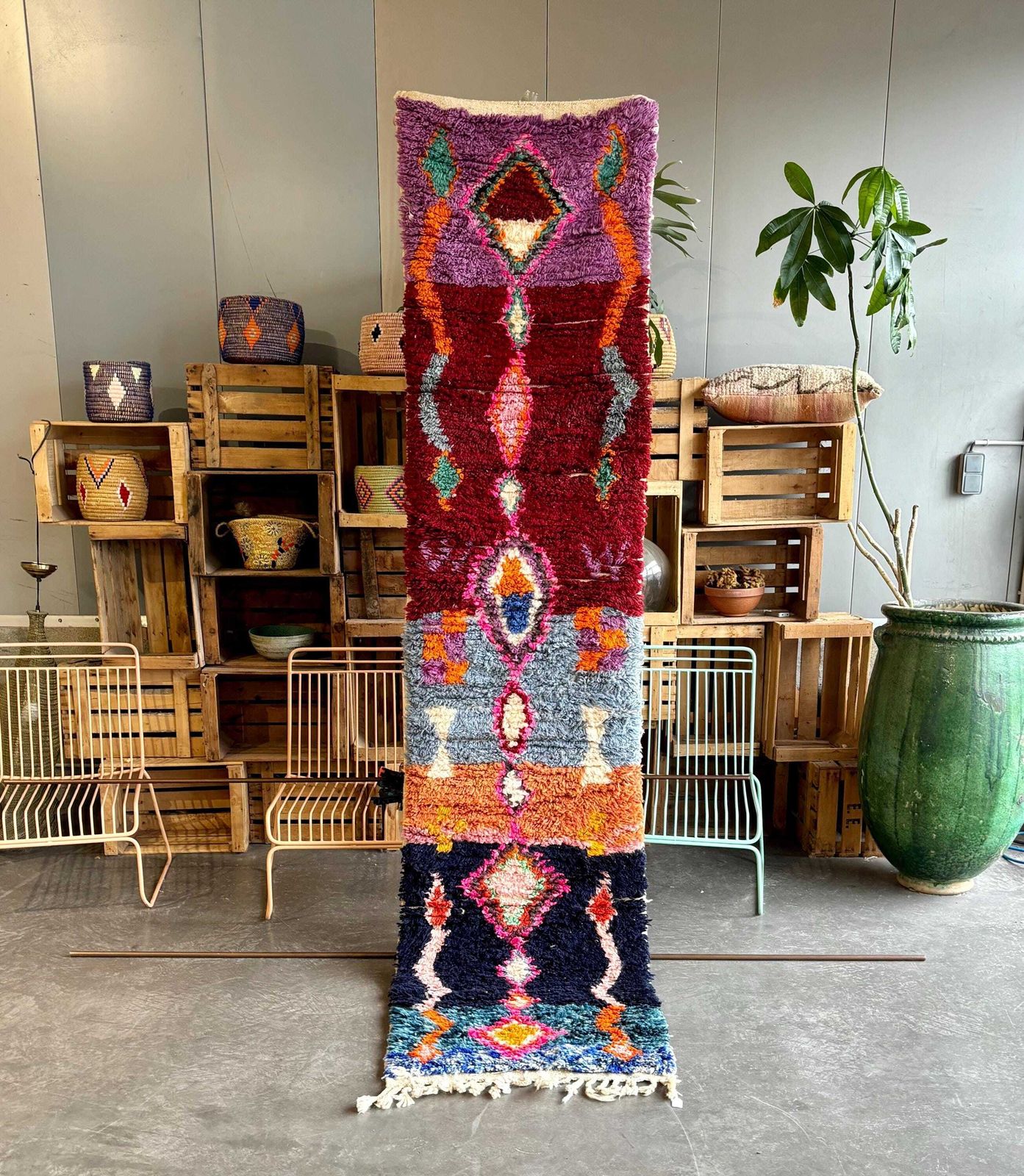 Tapis de couloir moderne à motifs abstraits en laine, fait main au Maroc, 70 x 300 cm