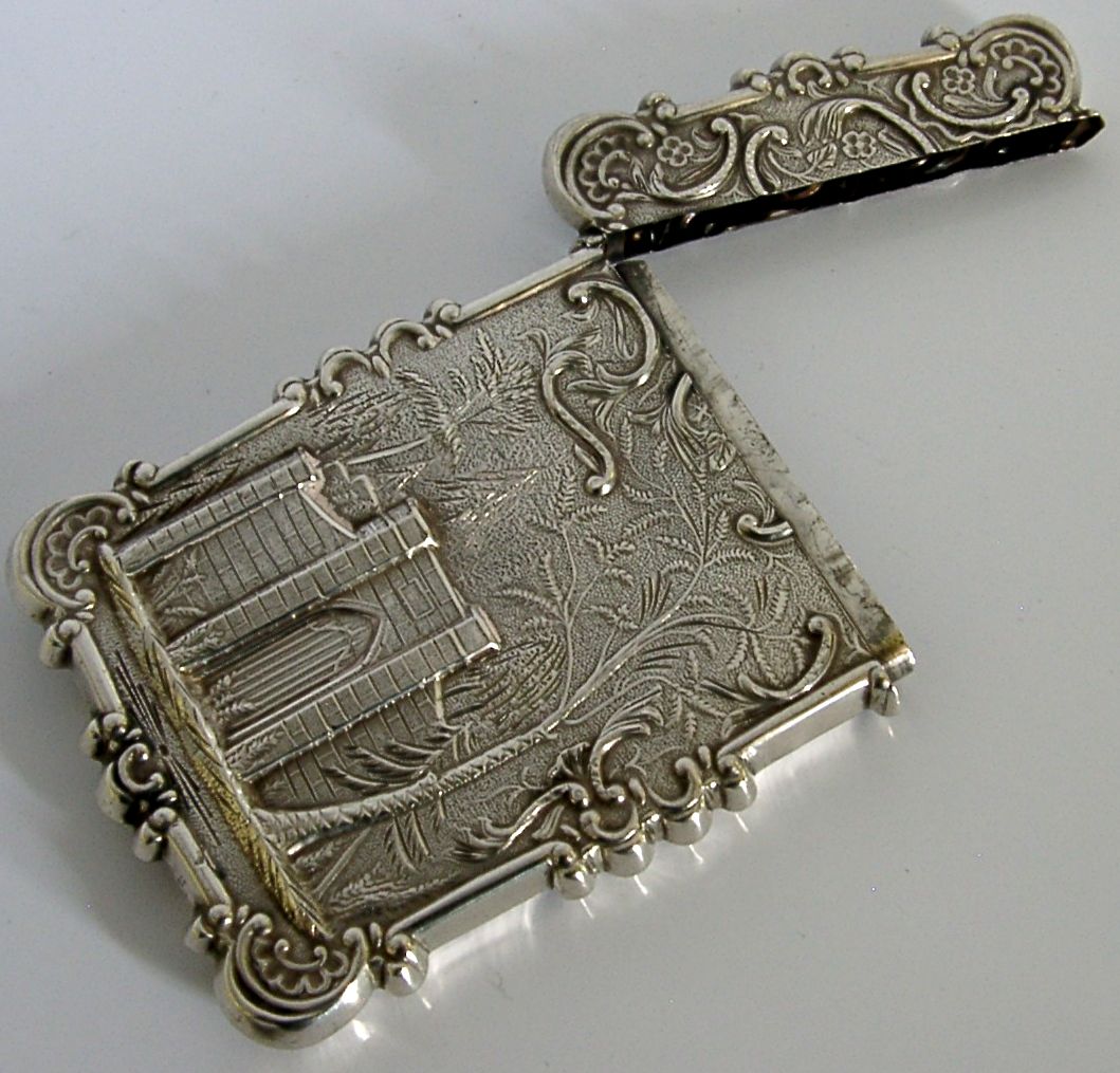 450.0 Zeldzaam Amerikaans sterling zilveren Trinity Church Castle Top Card Case ca. 1850 photo