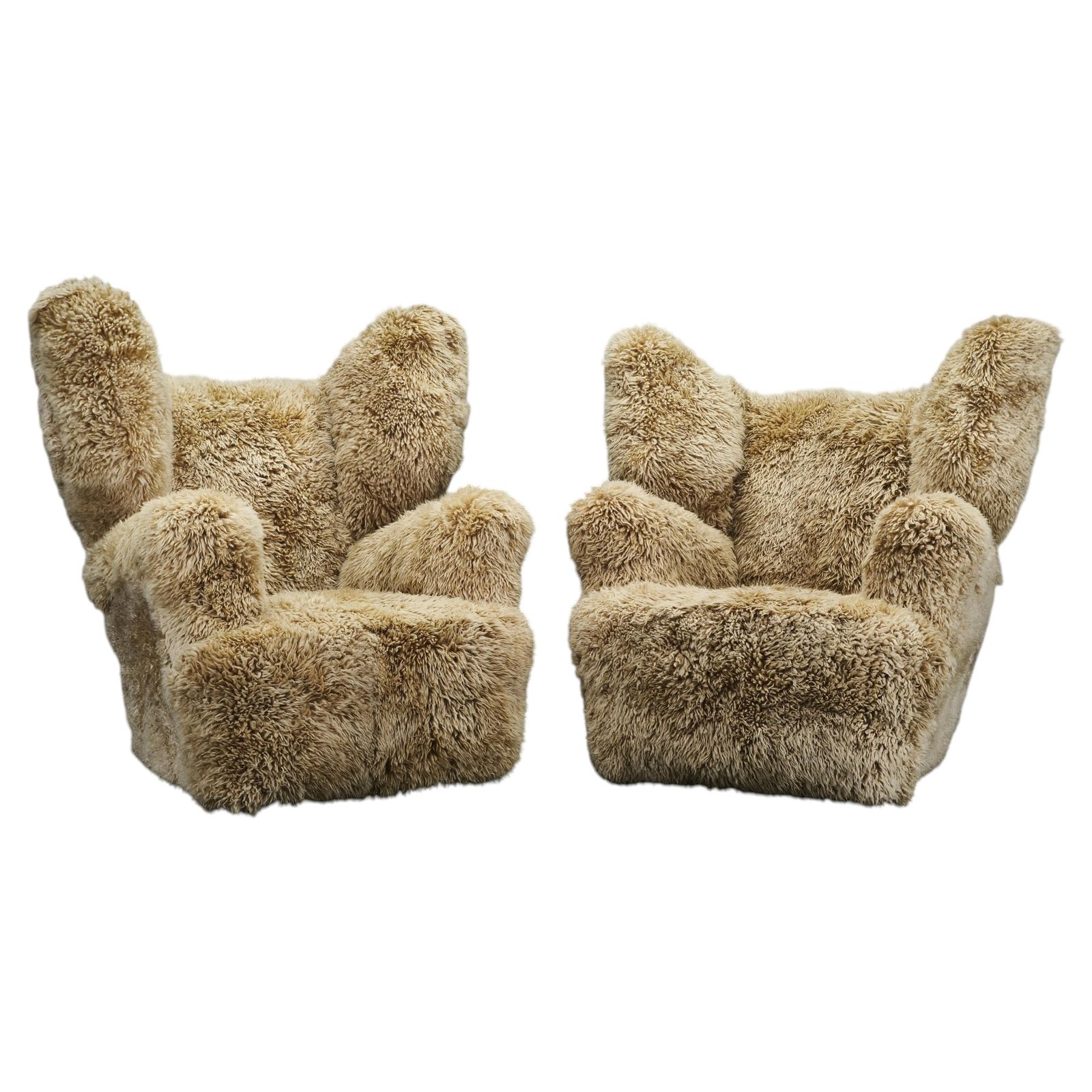 Rare Pair Of Monumental Art Deco Skandilock Sheepskin Wingback Chairs 1930s