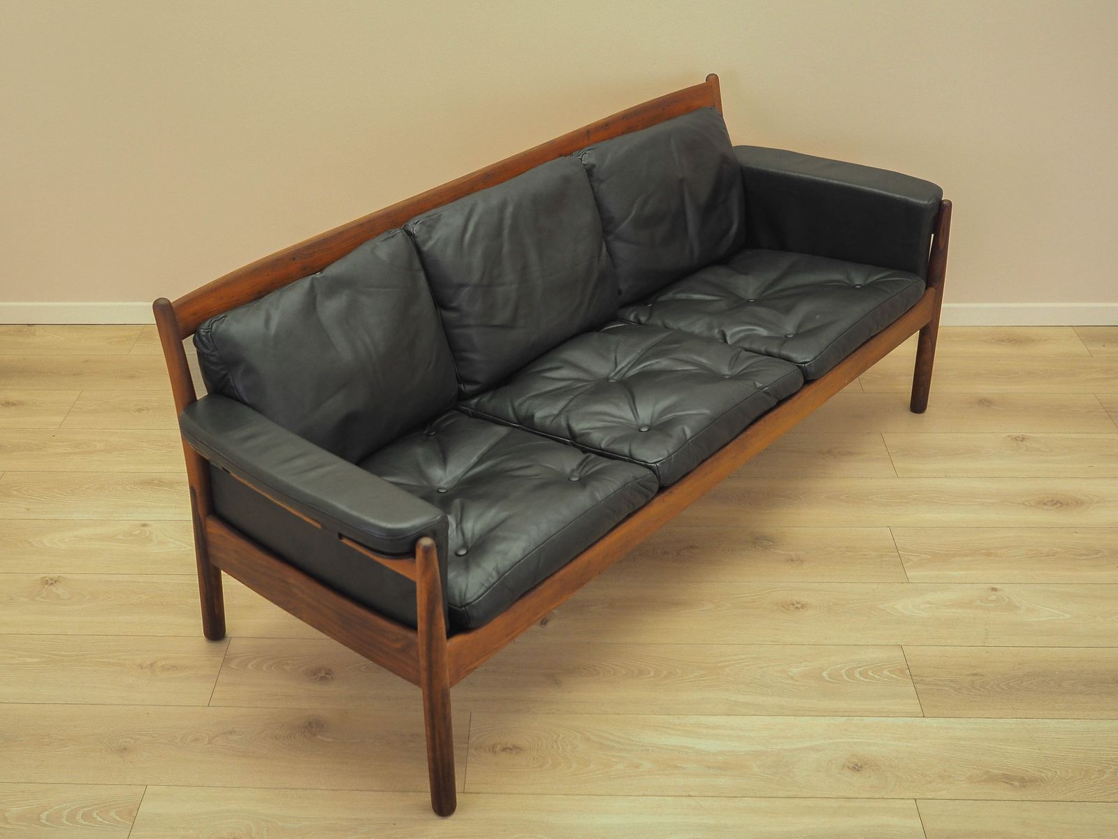 Three Seater Sofa By Gunnar Myrstrand For Källemo, Wood And Leather, 1960s photo vintage