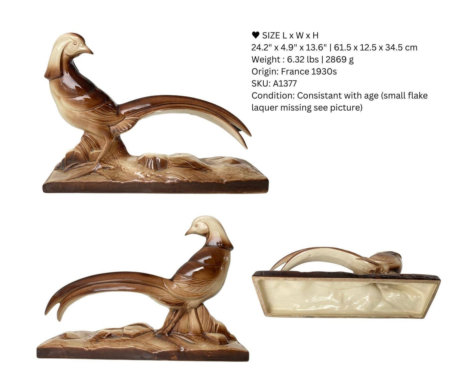 Art Deco Pheasant Sculptures | Pair Of French Ceramic Bird Statues | St. Radegonde photo furniture