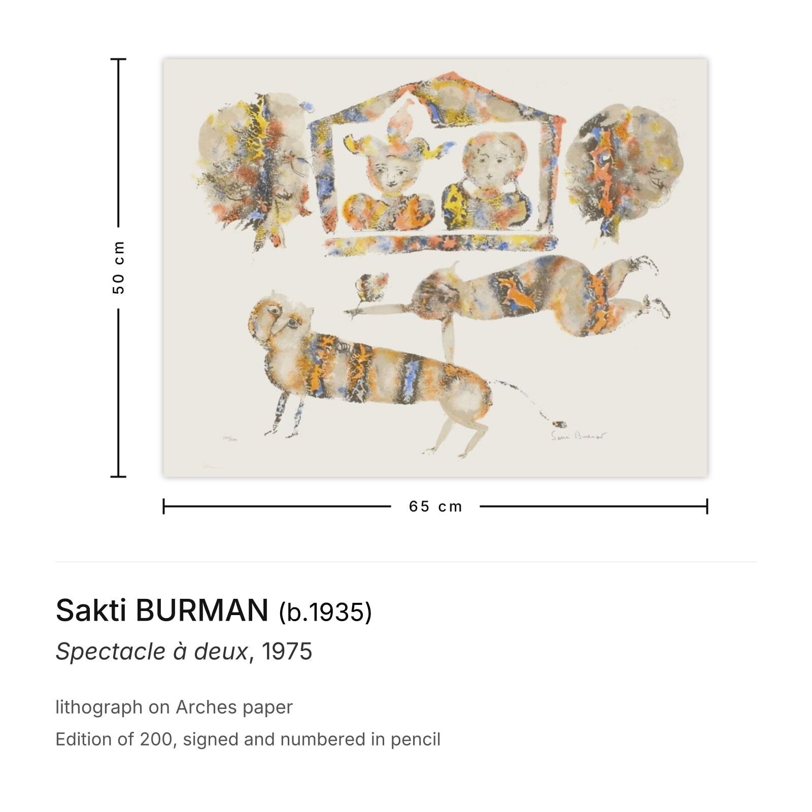 Sakti Burman Gesigneerde Lithografie Spectacle à Deux 1975 photo furniture