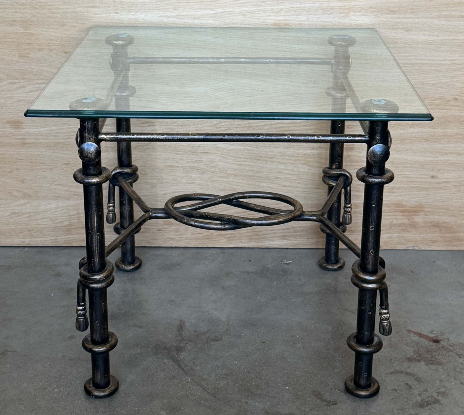 Pair Of Vintage Hand Forged Wrought Iron Side Tables With Glass Tops photo vintage