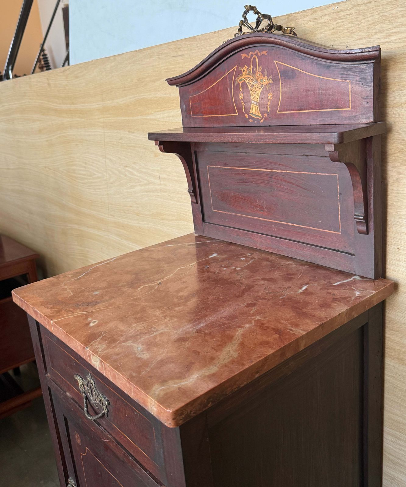 Antique Pair Of French Marquetry Bedside Cabinets With Marble Tops, Late 19th photo vintage