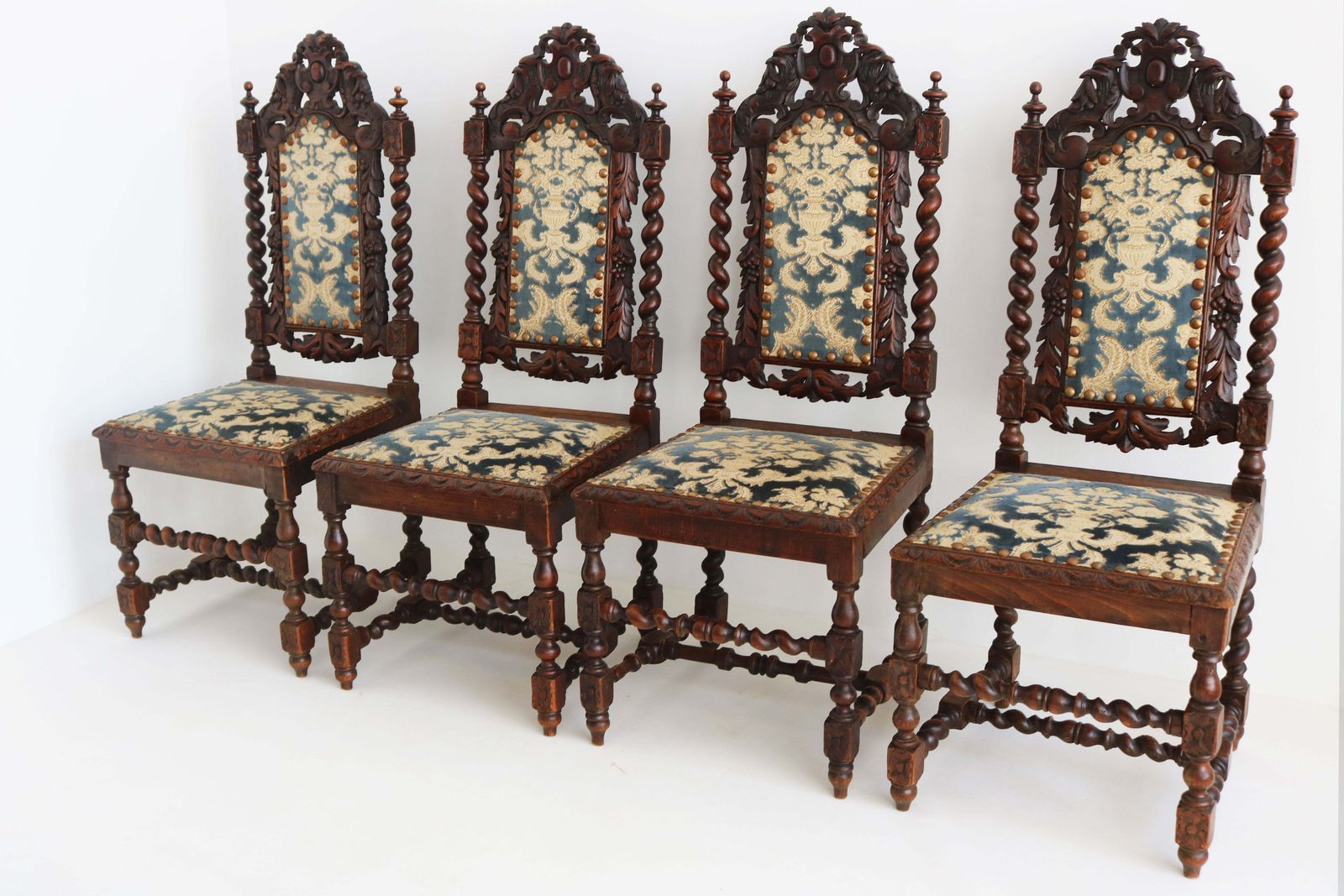 Furniture Set Of 4 French Renaissance Revival Barley Twisted Chairs 19th Century Oak photo
