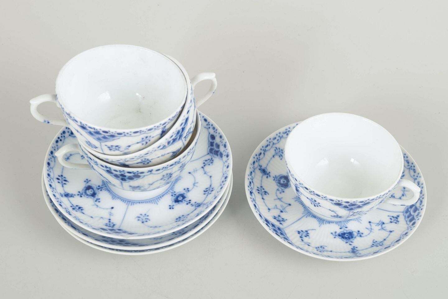 Royal Copenhagen, Blue Fluted Half Lace. Set Of 4 Chocolate Cups With Saucers. photo furniture