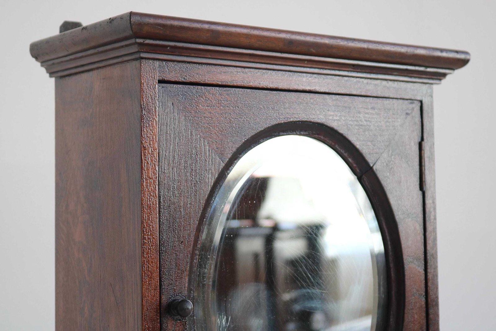 Antique Oak Wall Cabinet With Bevelled Oval Mirror | Arts & Crafts Medicine Cupboard photo Furniture