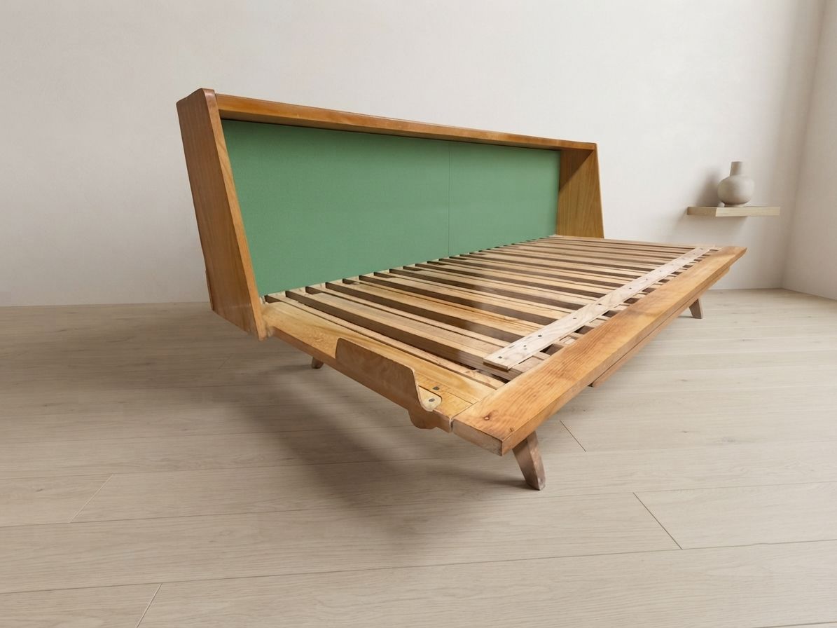 Mid-Century Houten Opvouwbaar Slaapbankframe, Uitschuifbaar Dagslaapbank, Tsjecho-Slowakije, 190 × 151 × 77 cm photo Meubels