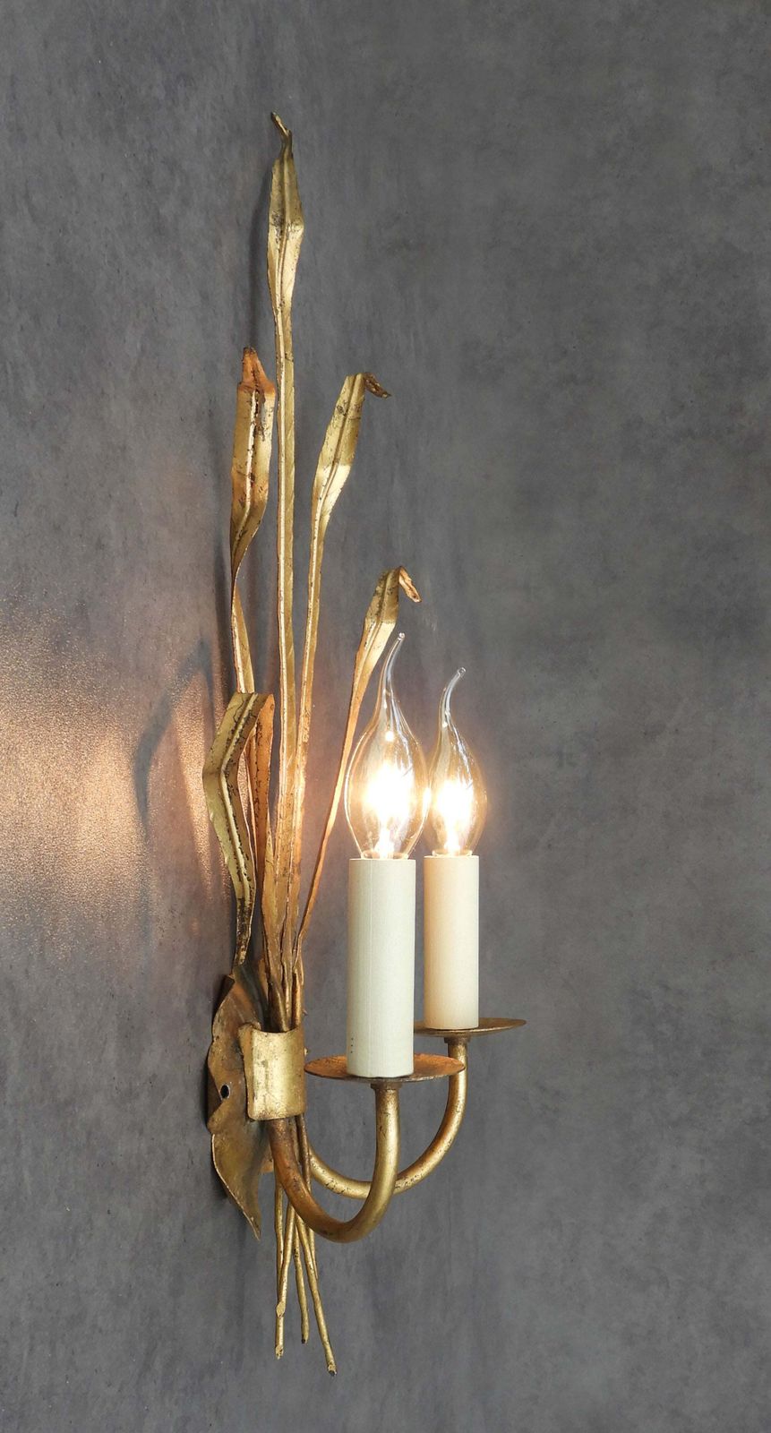 Ferrocolor Spanish Gilt Tole Wheat Sheaf Wall Sconces C1950, Two Pairs Available photo vintage