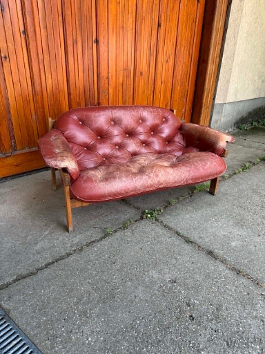 Mid Century Modern Leather And Wood 2 Seater Sofa By Ipoly Bútorgyár, Hungary, 1960s photo buy