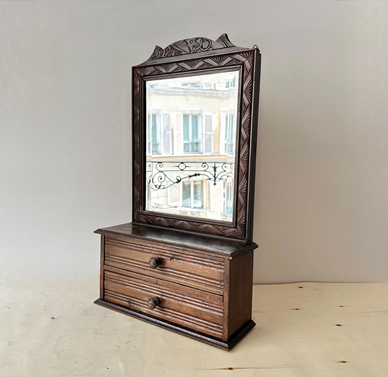 Antique French Wooden Wall Vanity Table With Drawers, Art Deco Beauty Beveled Mirror Shelf
