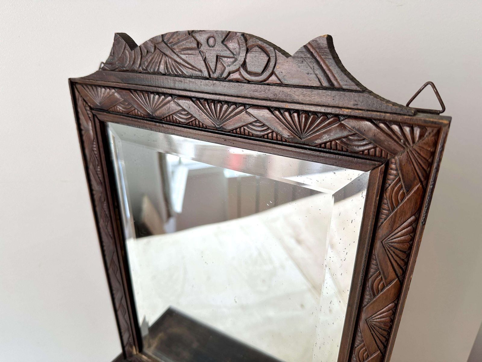 Antique French Wooden Wall Vanity Table With Drawers, Art Deco Beauty Beveled Mirror Shelf photo buy