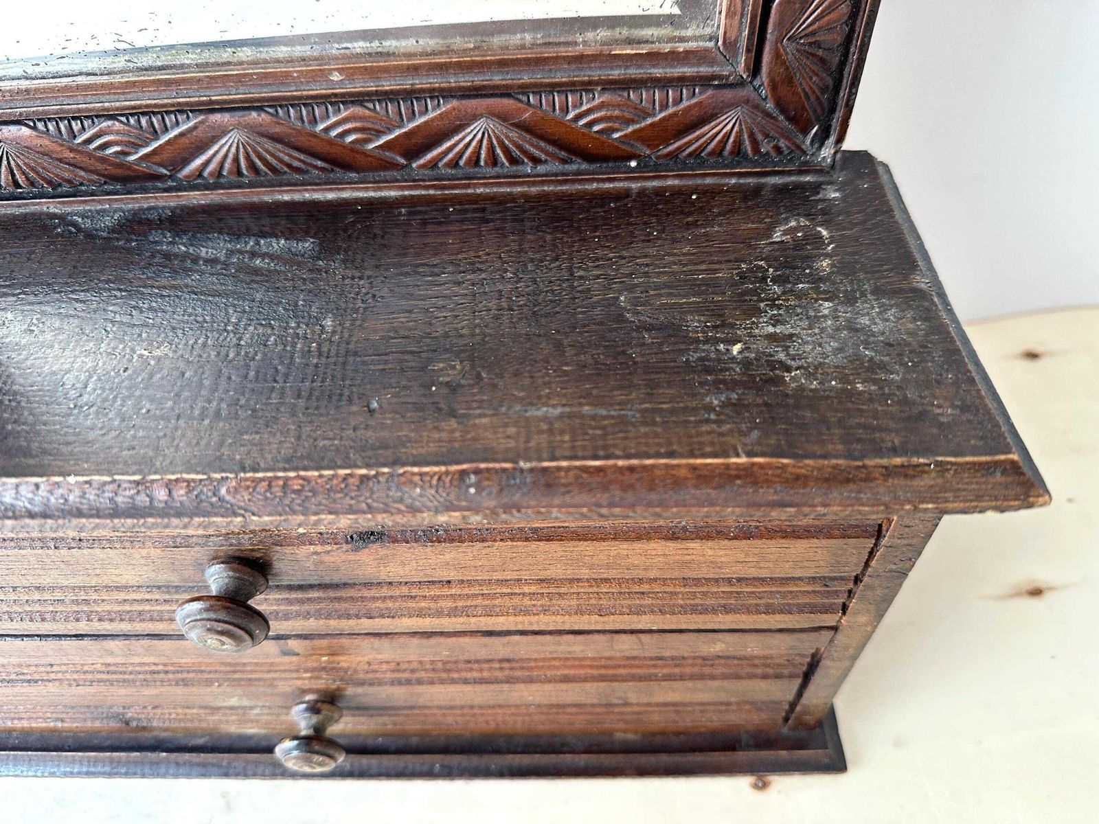 photo for sale Antique French Wooden Wall Vanity Table With Drawers, Art Deco Beauty Beveled Mirror Shelf