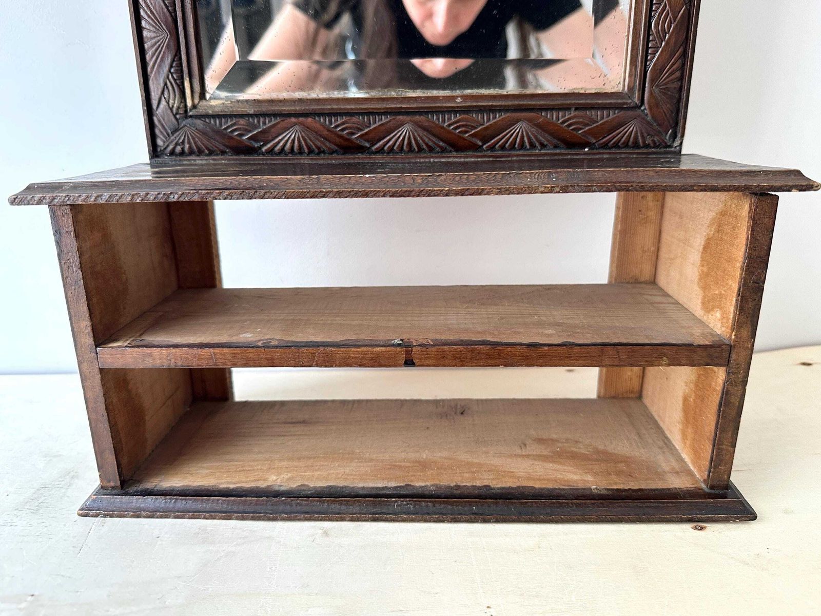 photo vinterior Antique French Wooden Wall Vanity Table With Drawers, Art Deco Beauty Beveled Mirror Shelf